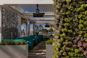 Del Frisco's Double Eagle Steakhouse San Diego's outdoor patio shaded by an overhead pergola draped with trailing plants.