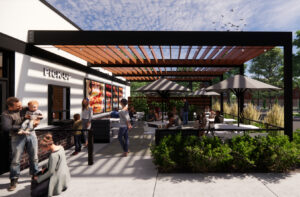 The pickup window and patio dining area in a rendering of Big Chicken