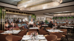 A rendering of a full-service restaurant concept inside the 1 S Wacker space