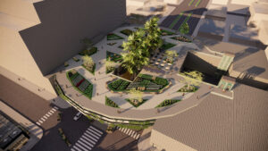 A rendering of a walkable green space above street level in the pandemic city plan