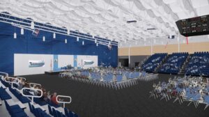 A rendering of the events space and center court seating at the Henrico County Sports & Events Center. The rendering depicts a large graduation ceremony