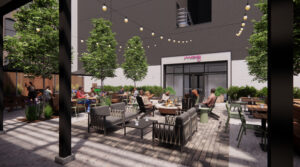 A daytime rendering of the patio at 158 Grand Avenue including the adjacent hotel