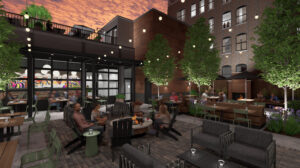 A Northwest evening-view rendering of the patio at 158 Grand Avenue
