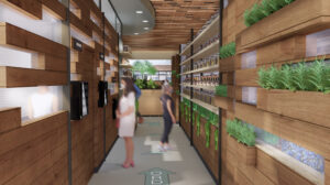 A rendering of the uni-directional retail space inside BBQ Thyme