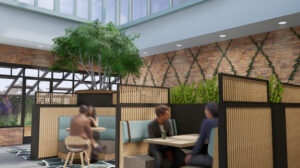 A rendering of guest seating, separated by high-backed booths and plants