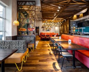 Dining area and opulently upholstered booths at Nando's Abbotsford, BC, Canada